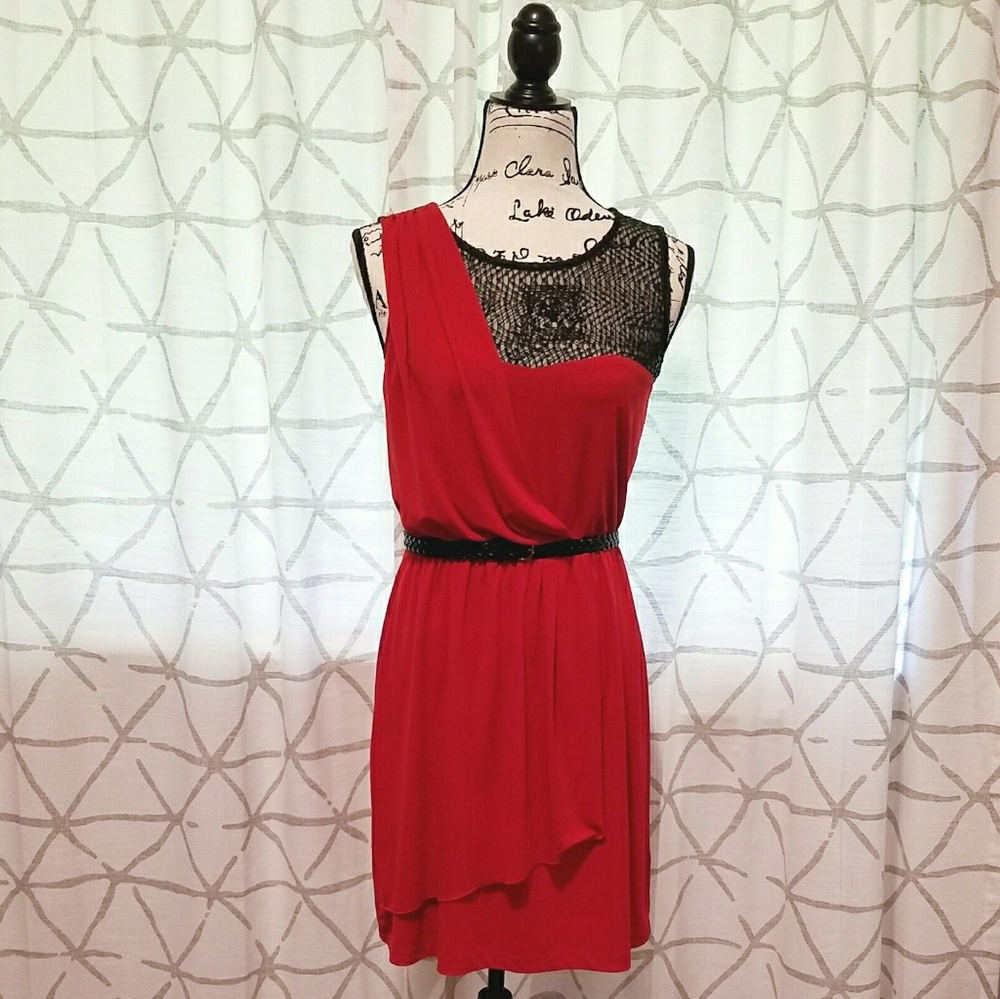 Red and Black Sequin Draped Shoulder Dress